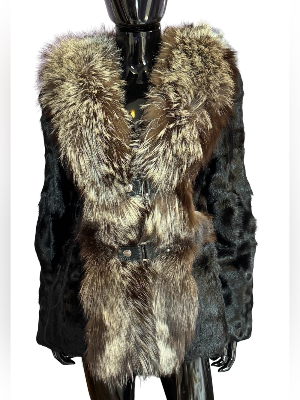 Black goat fur coat with silver fox collar